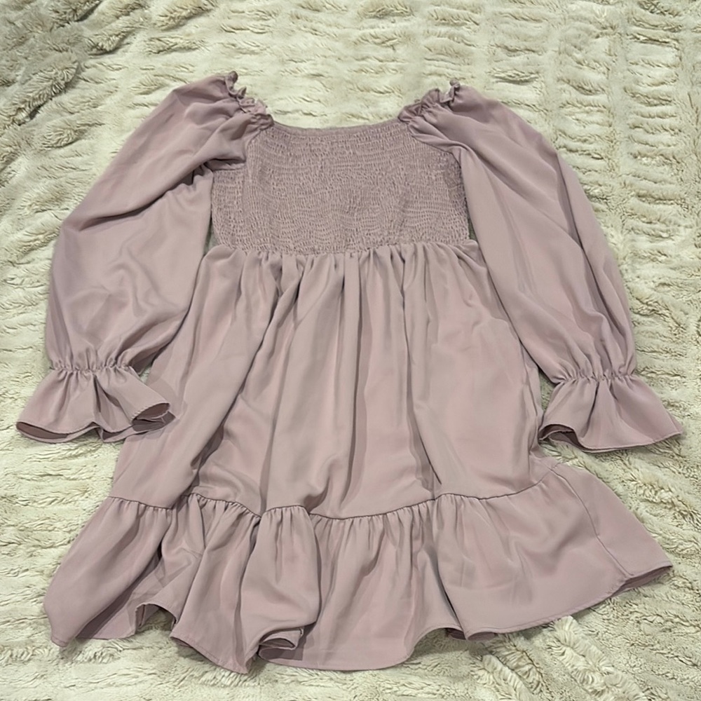 Purple Puff Sleeve Mini Dress with Smocked Ruffles